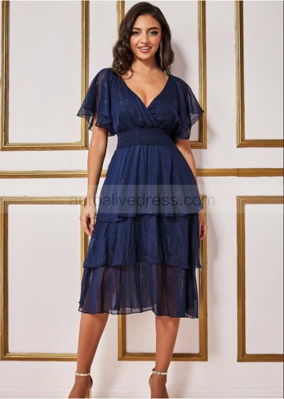 Navy Blue Lurex Chiffon Elastic Waist Party Dress